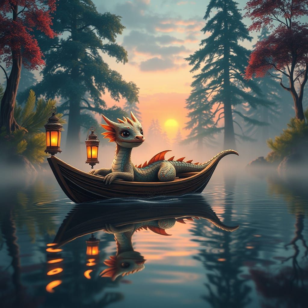 Dreamlike Dragon Boat at Sunset in a Fantasy Realm