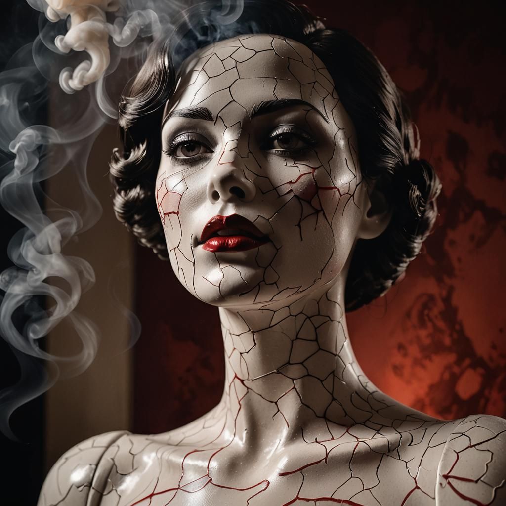 a classic Adel Rootstein porcelain mannequin in a Noir Burlesque comic by Enrico Marini. She is a bit close-up.  Colors in beige, black and...