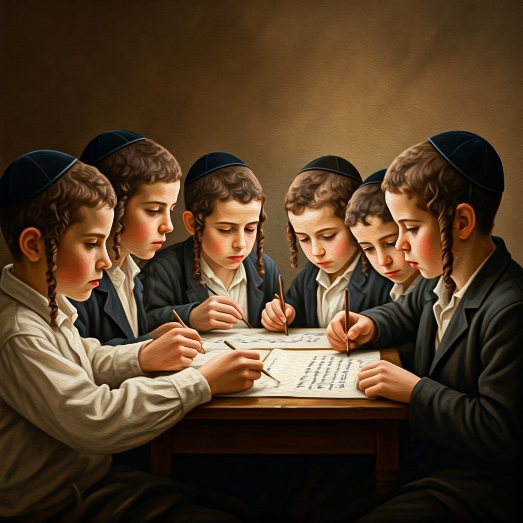 Hasidic Boys Learning Calligraphy: Oil Painting