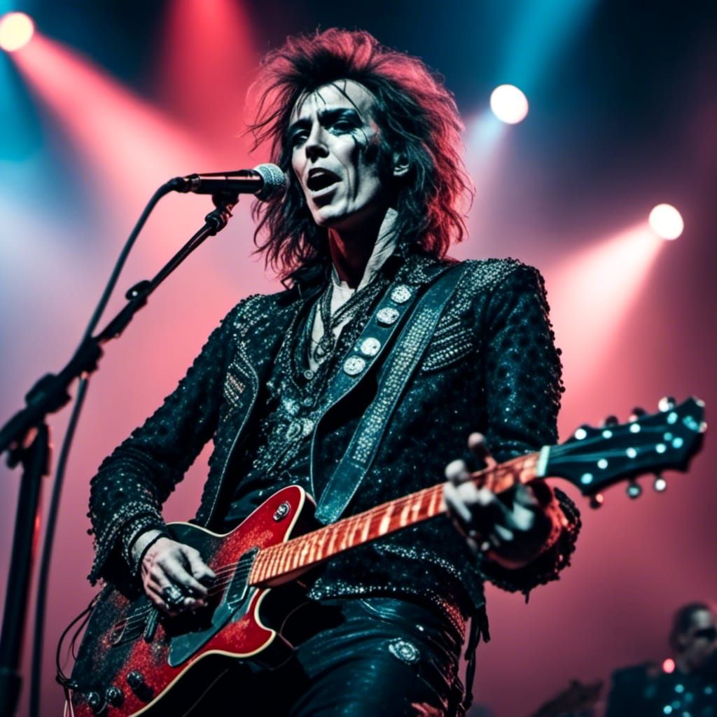  <lora:Snap Crackle POP:1.0> A close-up of a rock star on stage, guitar in hand, surrounded by fog and flashing lights