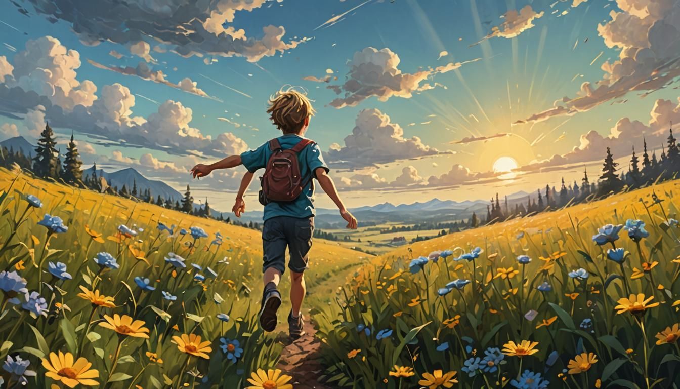 A child running through a field of vibrant wildflowers, arms spread wide, with a wide smile, as sunlight filters through the clouds in the b...