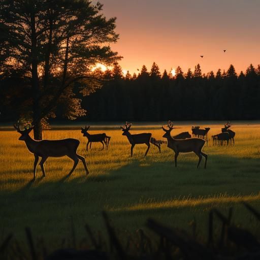 A herd of deer, in a wooded yard, at sunset, high definition, hyper real, sharp focus 