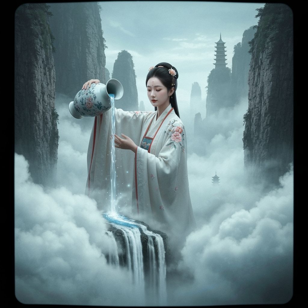 A serene and mystical fantasy scene of an elegant woman in traditional East Asian attire standing among ...  by @amrellin