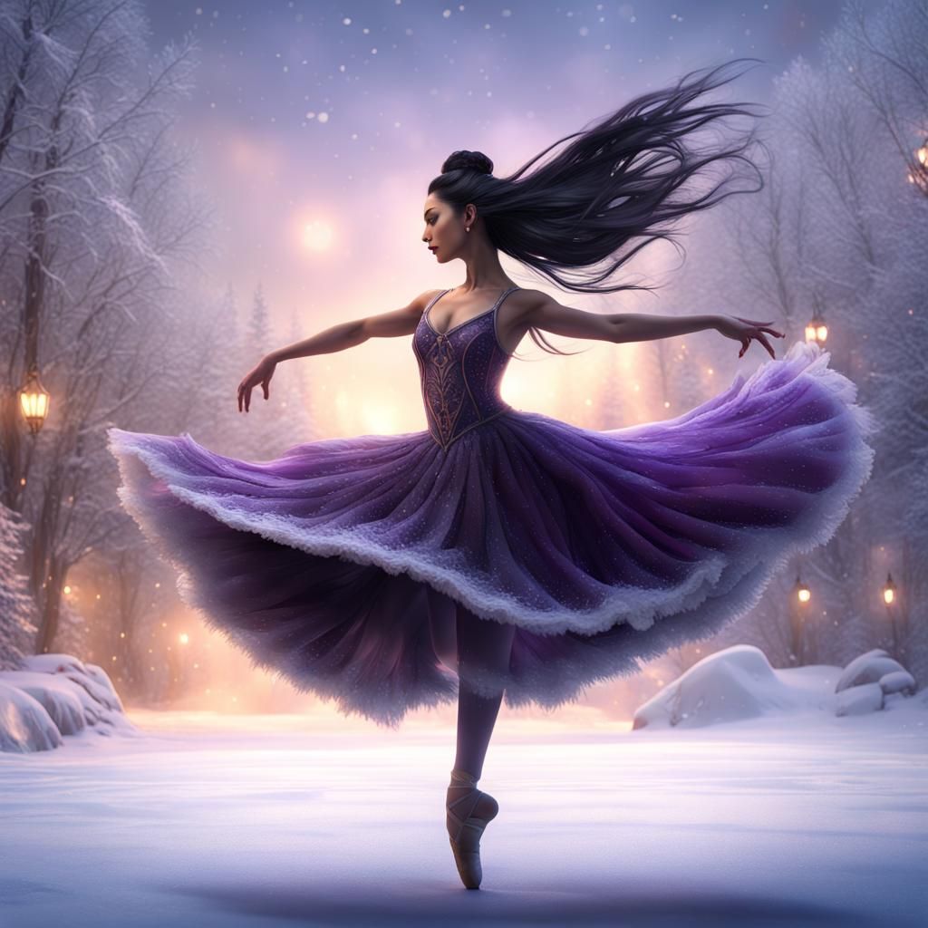 ballerina with long black hair dancing on ice in a winter wo...