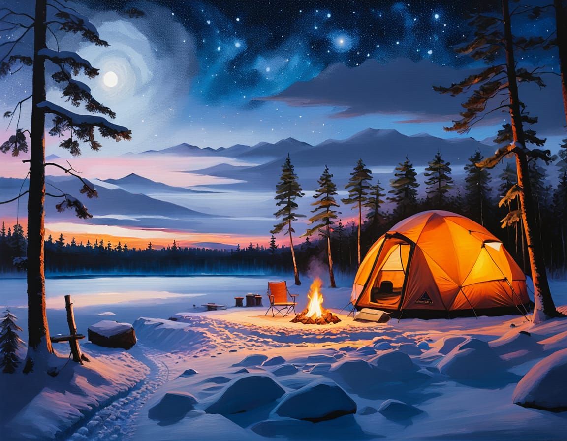 Oil on canvas painting of a tent with campire and chair located in a forest near a frozen lake  by @Fokje