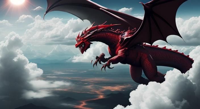 huge dragon in the clouds with sun shining on it  with huge ...