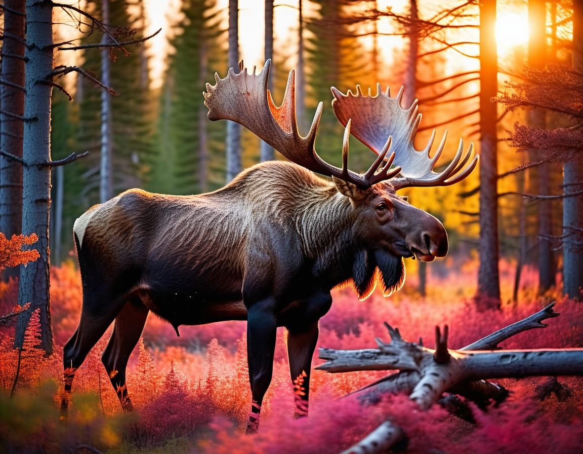 Wildlife Photography. Medium Shot. A massive bull moose stands in a forest clearing at sunset. Medium ...  by @Missysmom