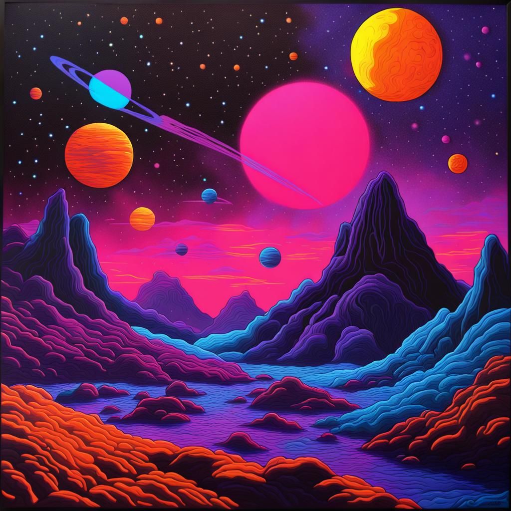 Space landscape, black light artwork, UV-reactive colors