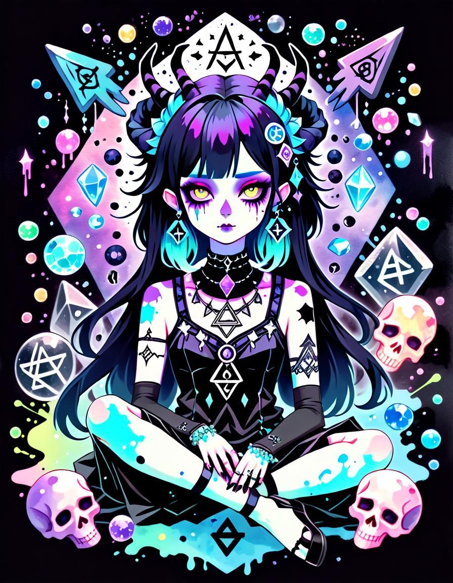 Pastel Goth, Ink Splatter,  Goddess surrounded by Crystals, ...