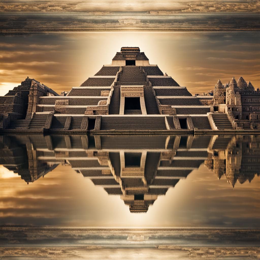 serene Aztec City landscape reflected in still water, light,...