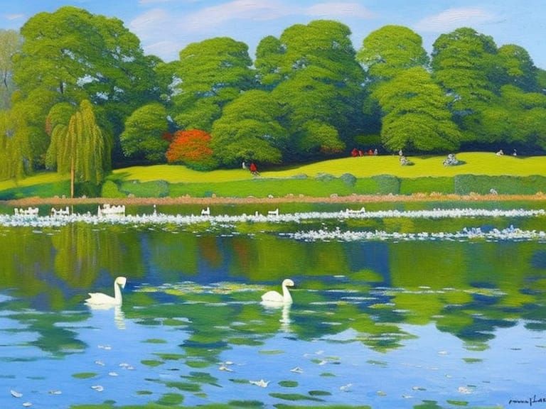 Monet impressionist style painting of Roath Park Lake with s...