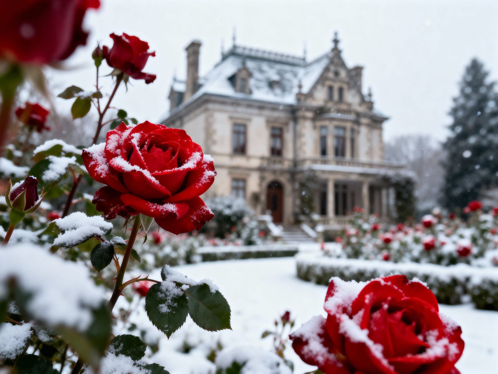 Historic Mansion & Red Roses on Snowy Day