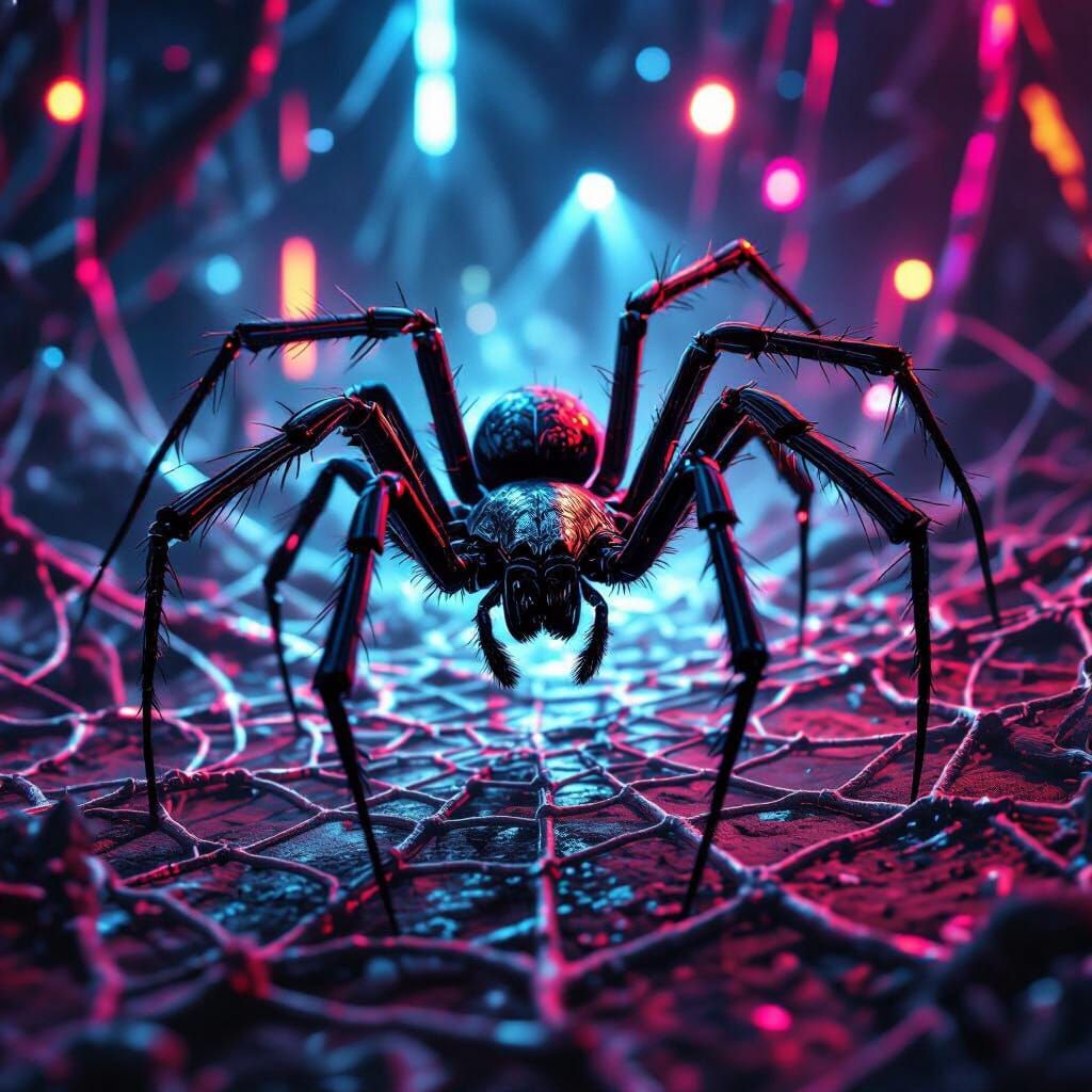 A technical steel spider with long legs stuck on a woody web dancing in techno rave vibes in the dark