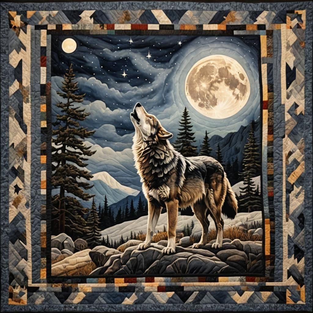 A Quilt of a Wolf howling at the full moon  by @Dmitri