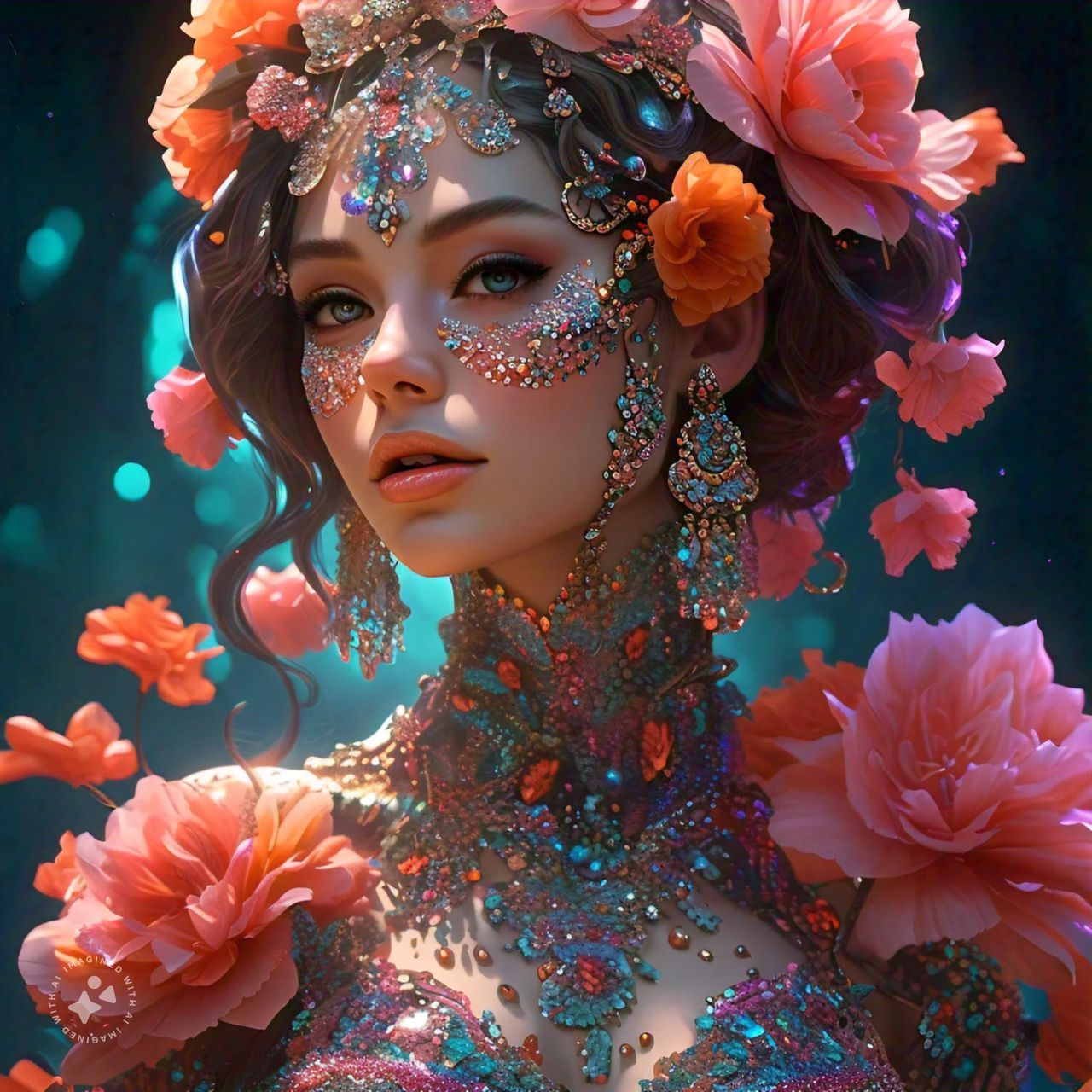 Gorgeous woman covered in sparkly jewels and flowers