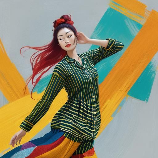 Woman in Vibrant Striped Flannel Dancing in a Cosmic Yi Yang