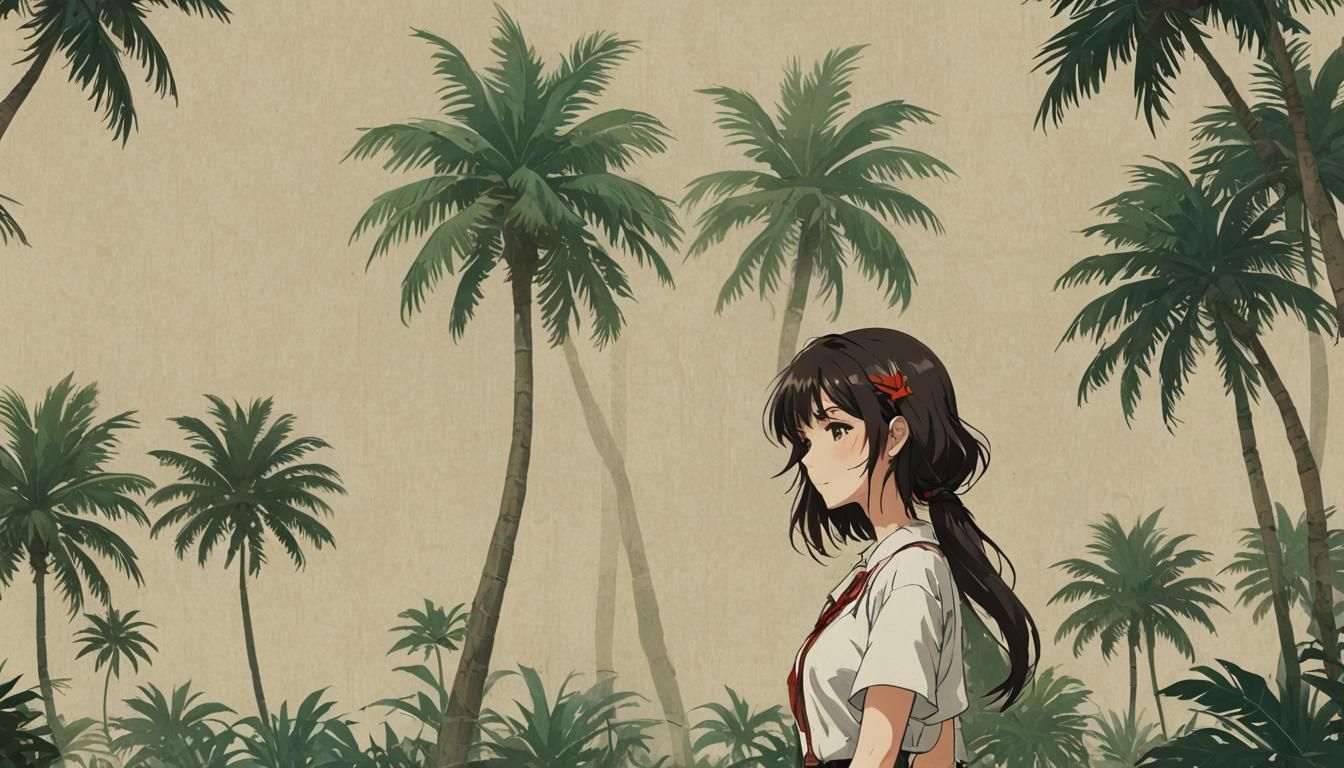 Anime Desktop Wallpaper With Beautiful Lady And Palm Tree - Ai 