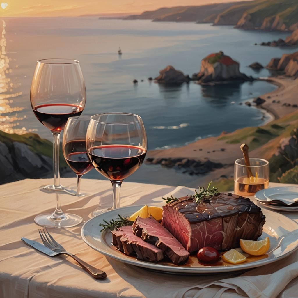 Smoked Beef and Wine at Sunset: Realistic Still Life