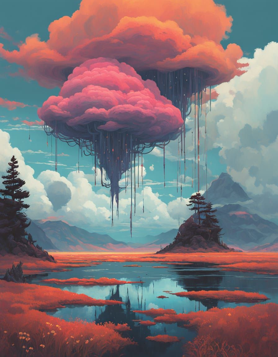 Dreamy, ethereal landscape with vibrant, swirling clouds, reminiscent of Mark Rothko's bold color fields, the delicate details of James Gur...