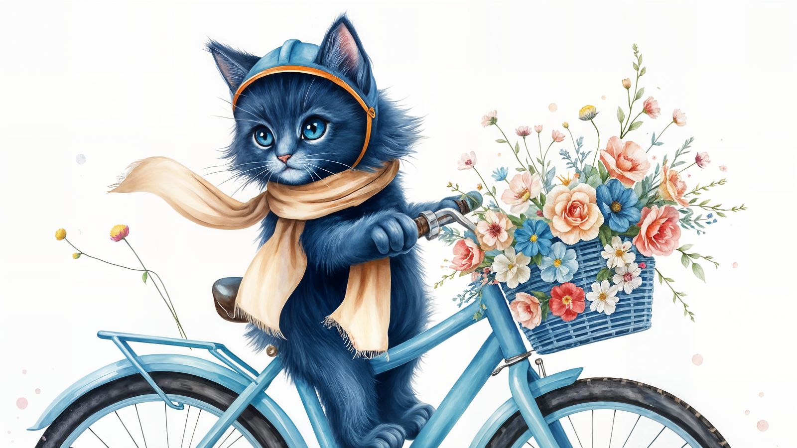A sweet cute whimsical anthropomorphic  navy blue long haired kitten riding a bright blue bike with a ...  by @StellaPavlina