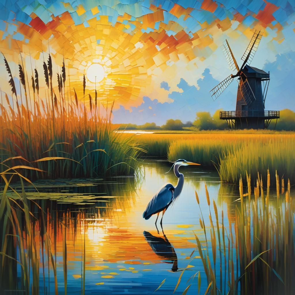 Windswept Wetlands: Heron Among the Rushes  by @Uwork