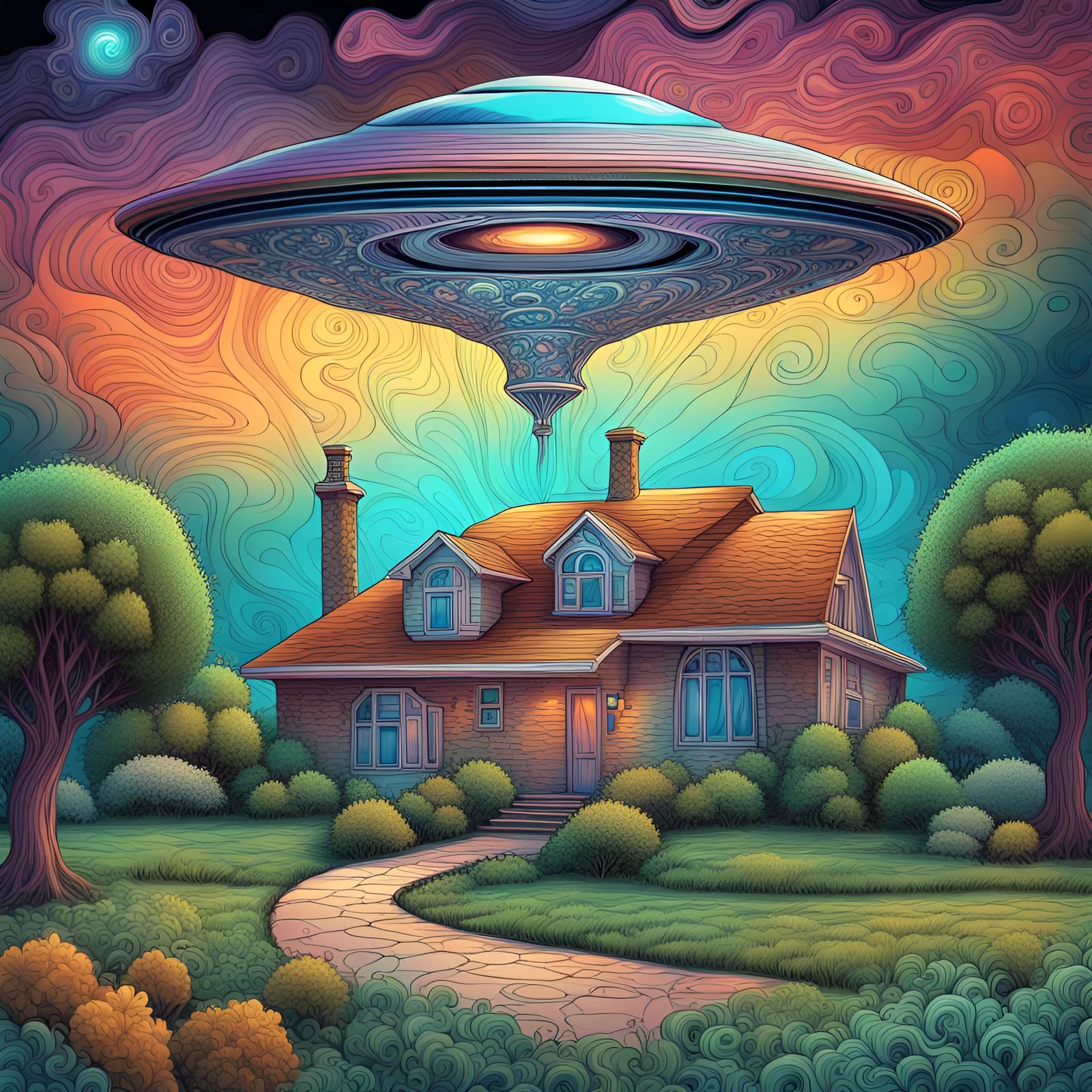 UFO lands in the garden of a house in the countryside. abstract vector fractal, wave function, Zentangle, 3d shading 8k ...