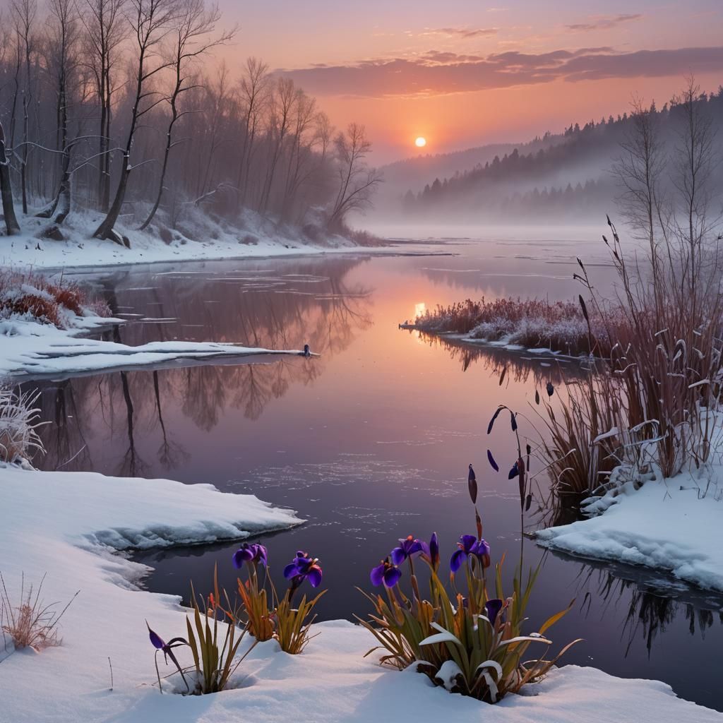 Frozen lake, snow, fog, red copper sunset, only one purple i...