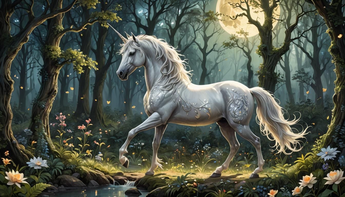 Depict a majestic unicorn with a shimmering, silvery mane galloping through a mystical forest bathed ...  by @SuSasi