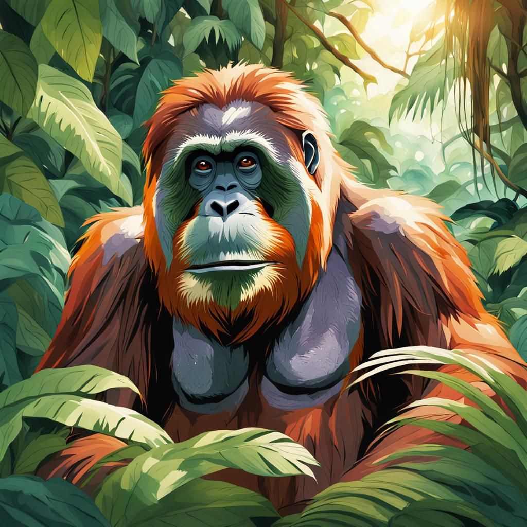 Orangutan-Pelican Hybrid in Lush Anime Jungle