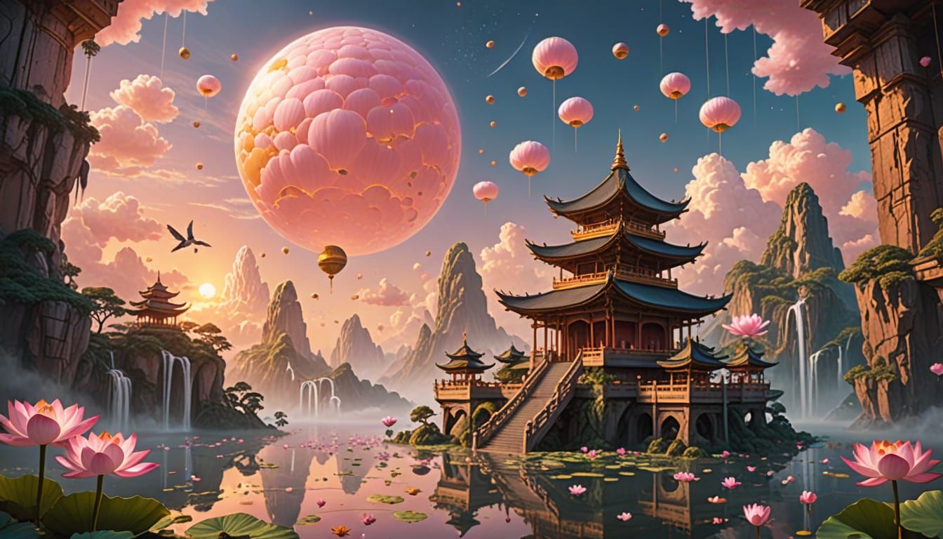 Serene floating temple in the sky at sunrise — massive lotus flowers drifting on clouds, golden bridges made of light connecting floating is...