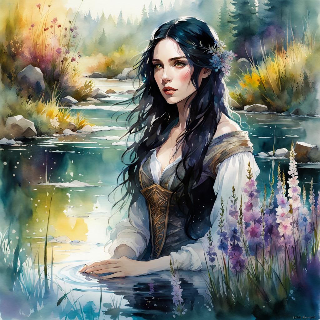 Fantasy Yennefer in Pond, Digital Watercolor Illustration