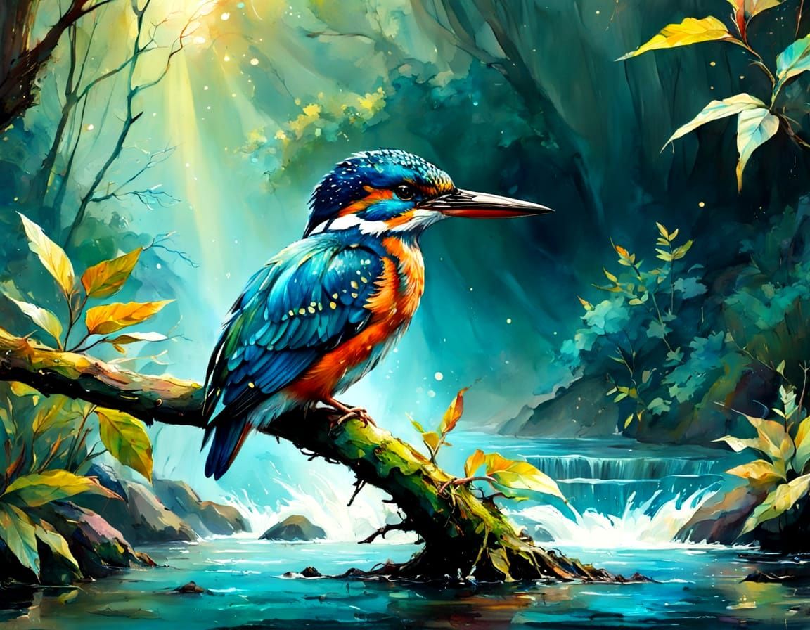 painting of a kingfisher bird perched on a tree branch in a river, trees in background, sunlight through ...  by @Hugo Raul