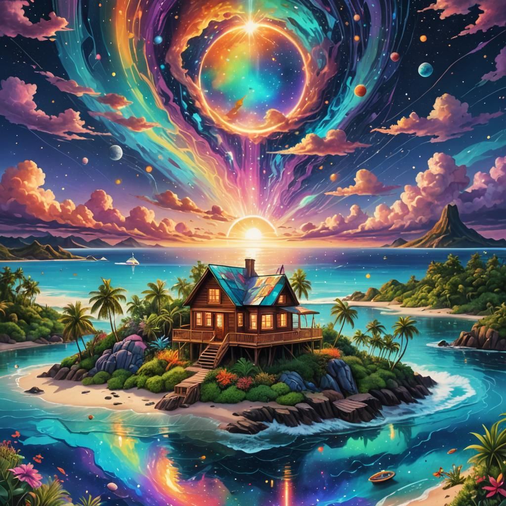 An island view with a beachhouse