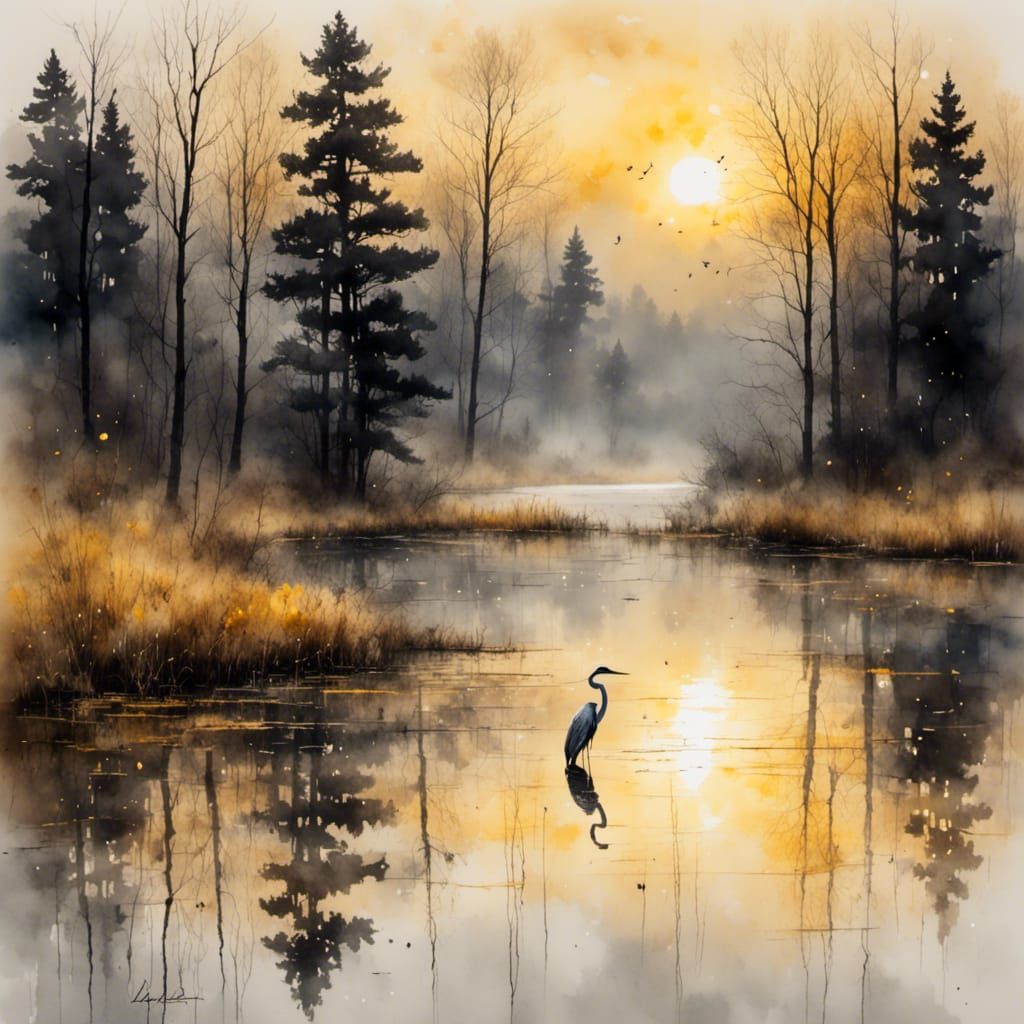 dawn over a lake surrounders by trees the picture in shades of grey and yellow skies and water. Heron in the lake <lora:Antique Watercolor:1...