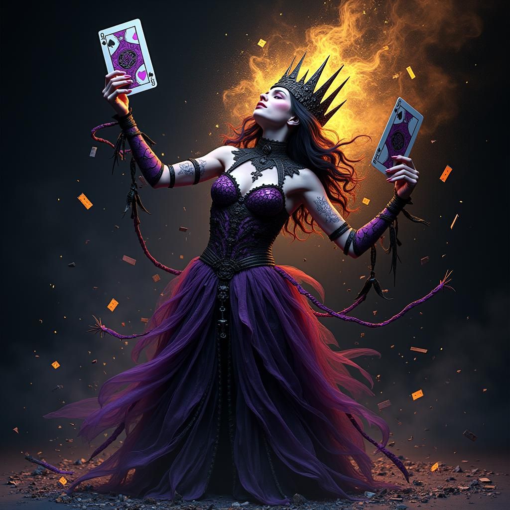 a queen playing card that is phycho, and creates choas with a game of cards. Introduce glass, and metal instability 