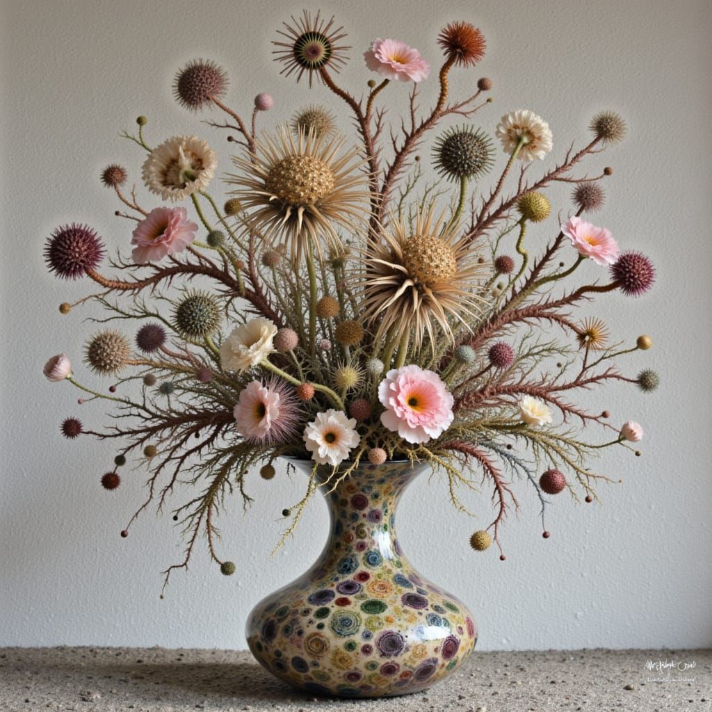 <lora:Complexity Wash:1.0> MOST ARTISTIC ARRANGEMENT BOUQUET OF DRIED FLOWERS, POPPY PODS SEED PODS, STRANGEST SCULPTURAL FORMS; CREATE EXTR...