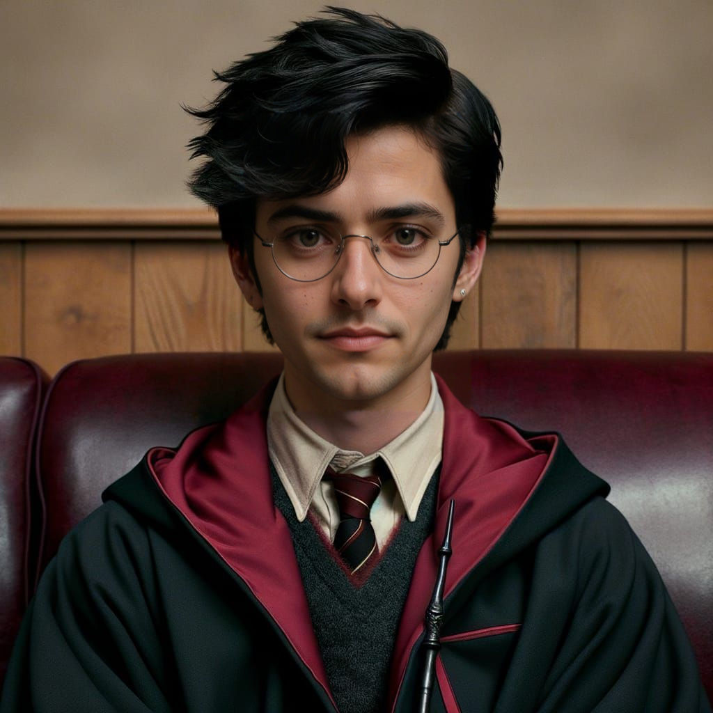 Harry Potter in Elegant Black and Red Robe, Holding Wand and...