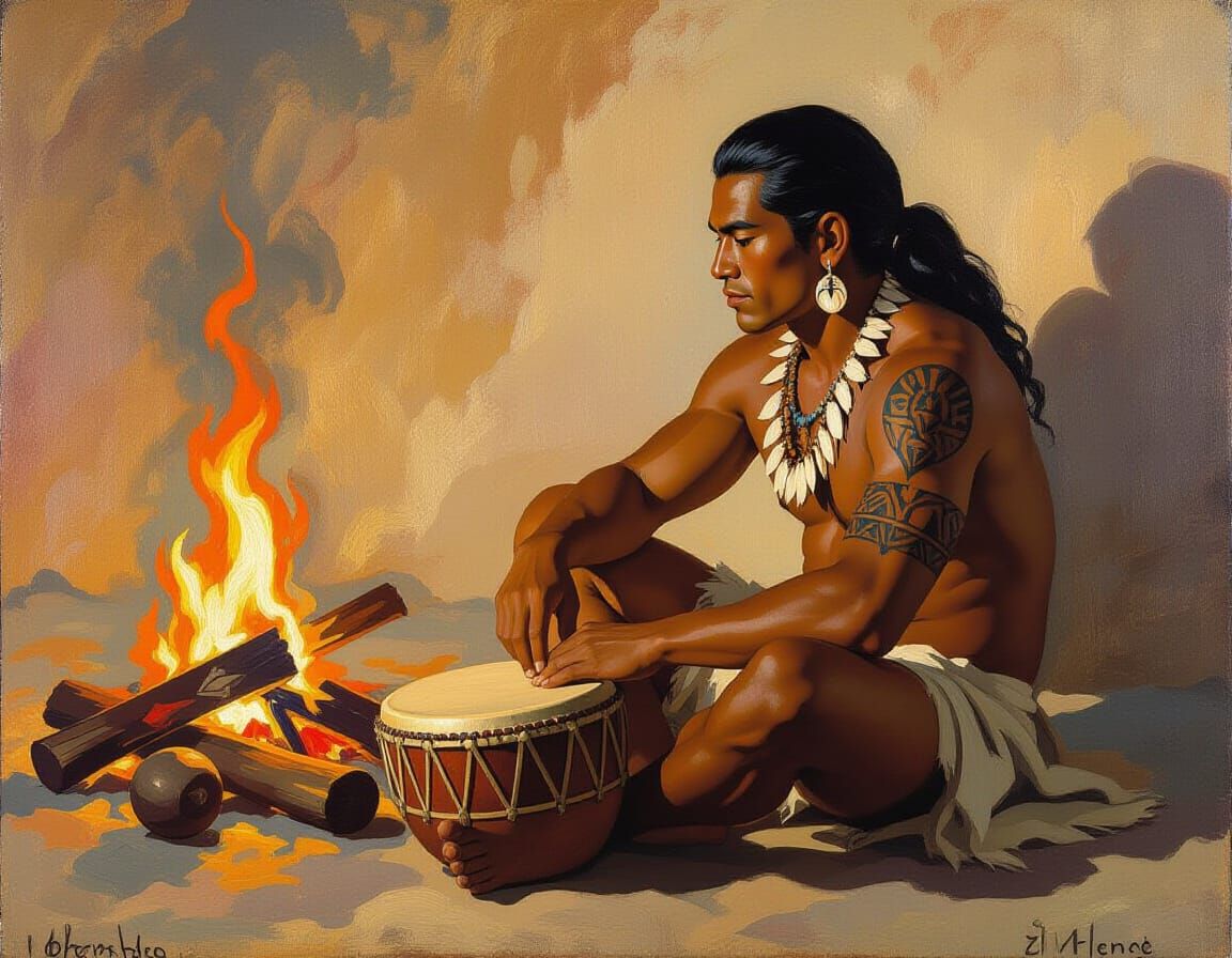 Heroic portrait of Heracles (Hercules) in a grand studio with columns and draped fabrics. He sits relaxed, wearing a lion pelt over one shou...