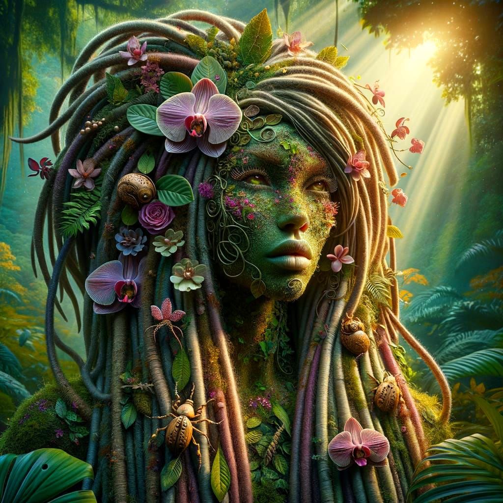Intricately detailed and maximalist HD realistic and real life Earth goddess portrait with thick vine-like ...  by @Karen M
