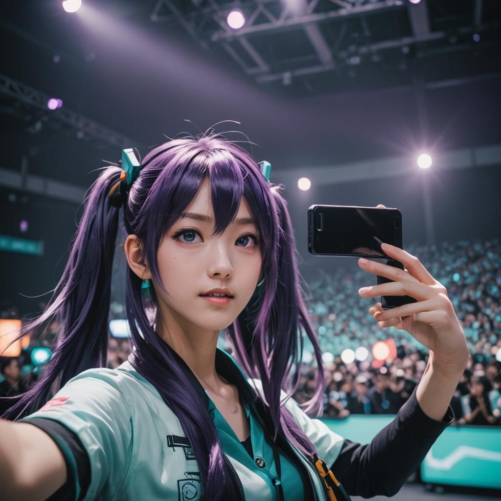 Hatsune Miku with dark purple hair taking a selfie on stage.