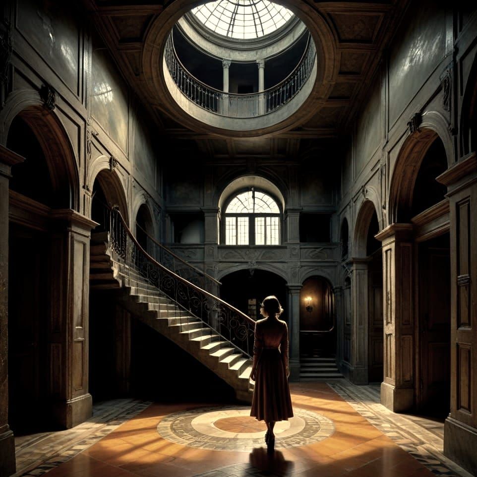 Surreal Labyrinth with Woman in Multidimensional Interior