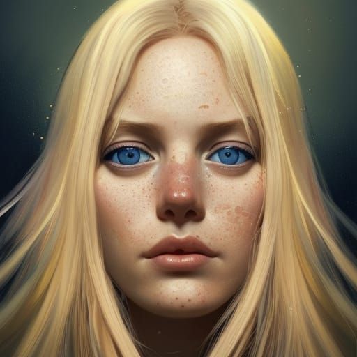 Portrait of blonde hair woman, blue eyes, slight freckles, looking up and  thinking - AI Generated Artwork - NightCafe Creator
