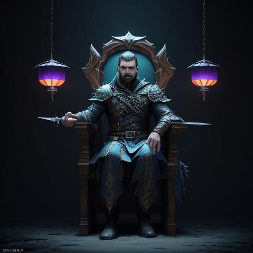 Man on Knife Chair in Dark Mystical Chamber