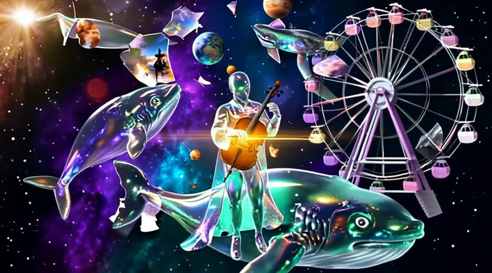 A forgotten celestial carnival drifting through deep space, where gravity bends into glowing ribbons of light. Giant tra...