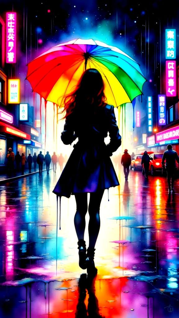 Woman with Rainbow Umbrella on Neon City Street