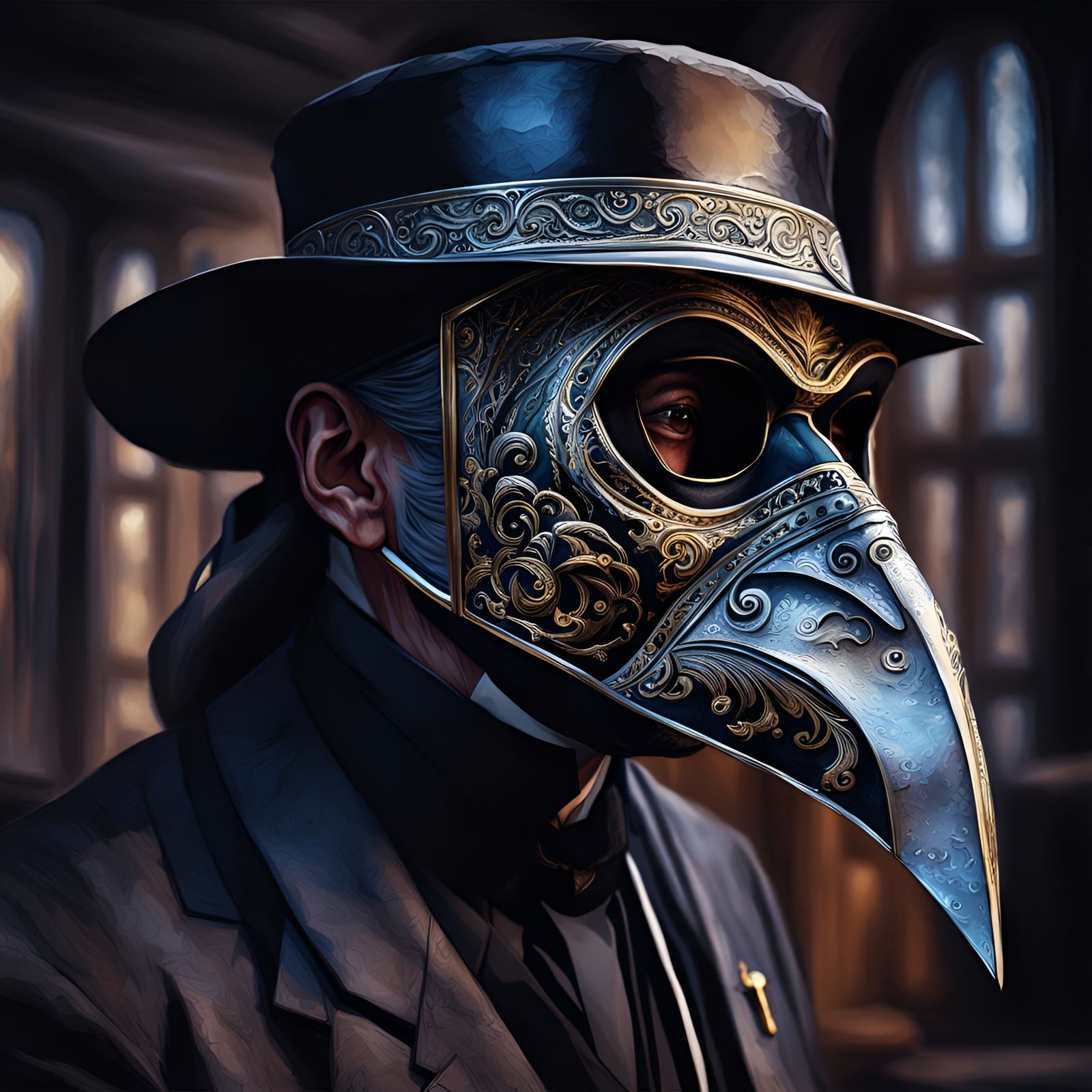 Plague Doctor in Silver Mask: Watercolor Style