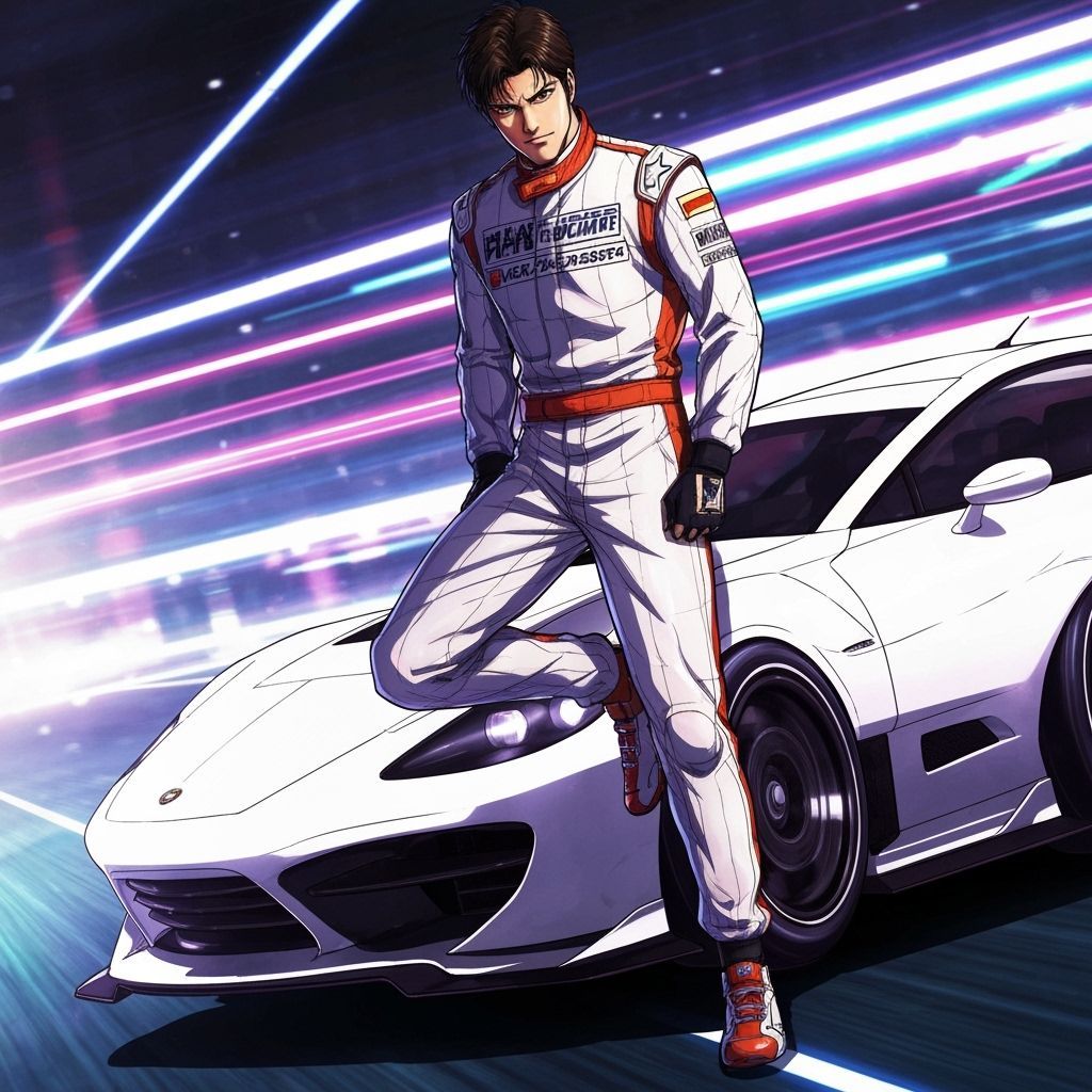 Handsome Racer With Futuristic Car In Anime Style