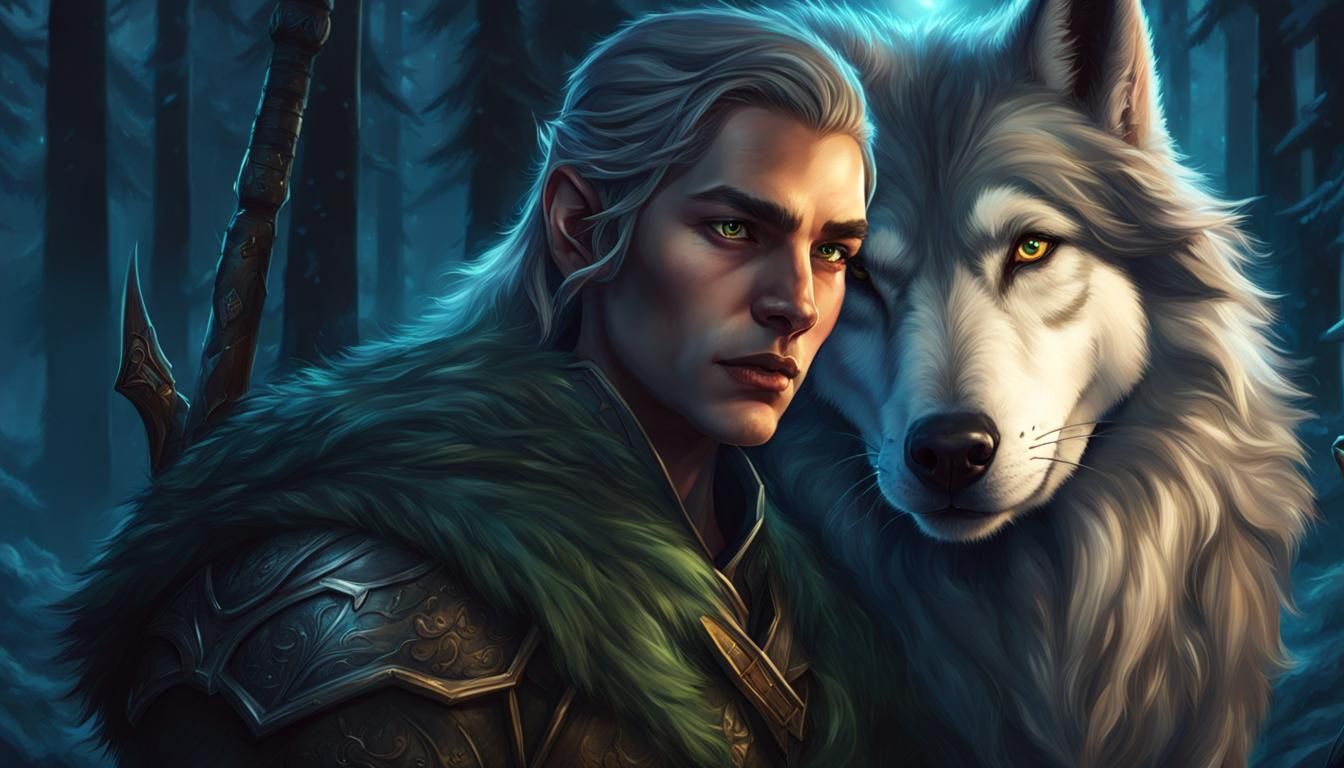 a strong elven ranger and his wolf, extreme closeup, nighttime, forest ...