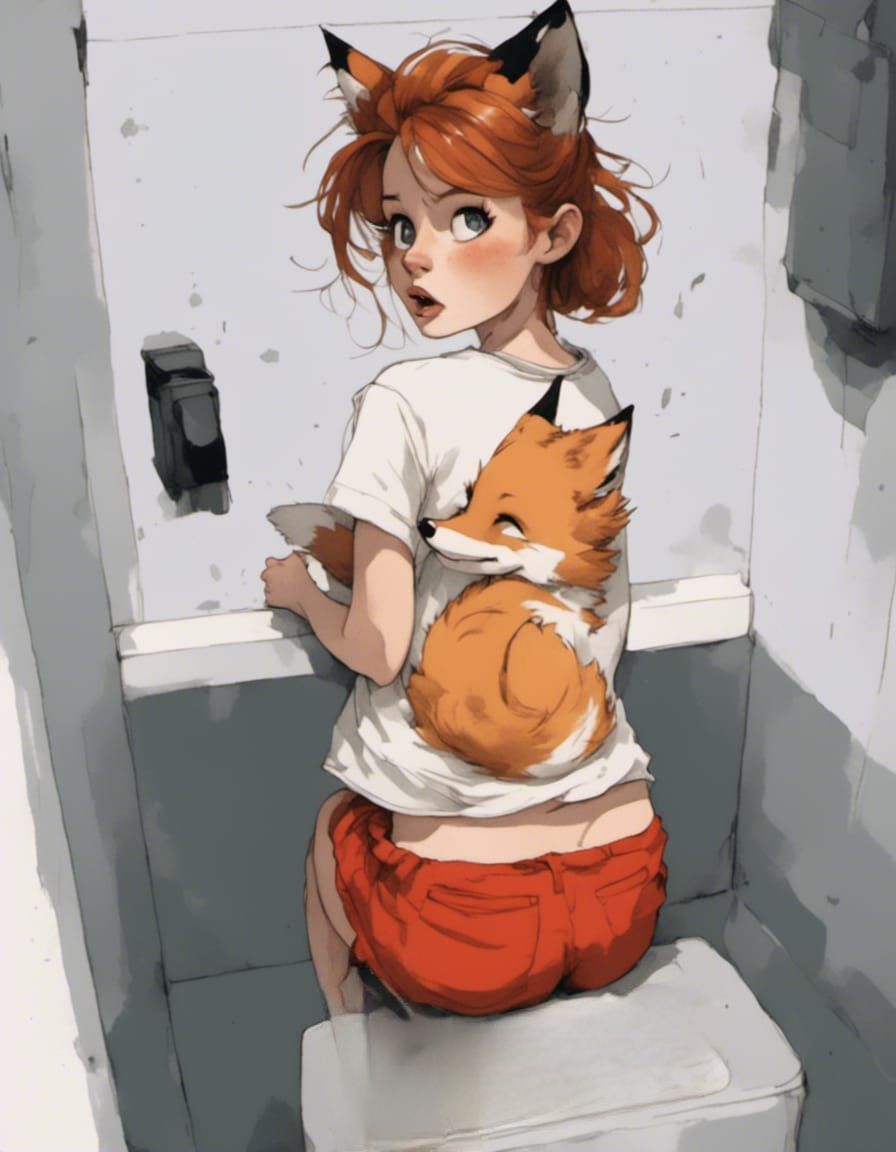 Fox-girl VIXEN sitting a department store changing room. "Hey! There's something on your back!" (Relax. It's just a fox ...