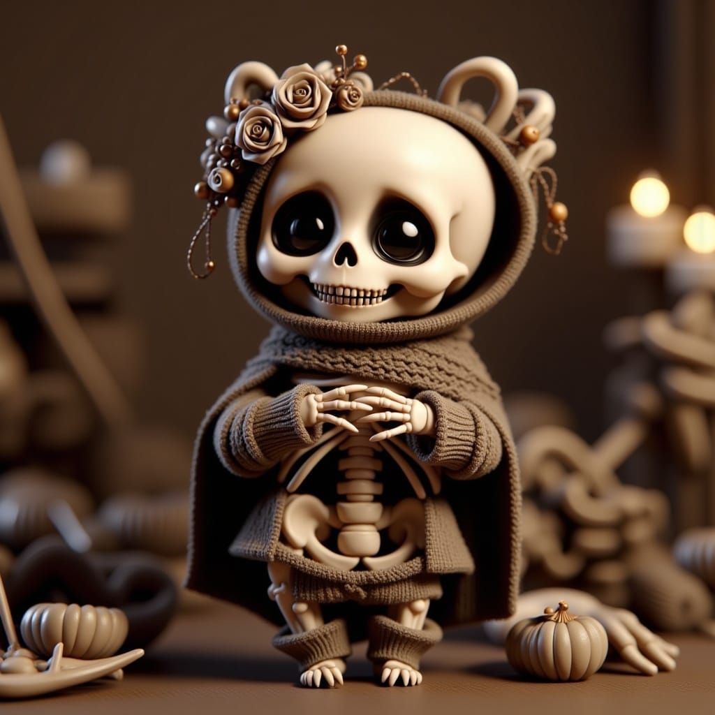 <lora:Flux Chibi:1.0> a hyper cute adorable chibi skeleton knitting bone warmers , intricately detailed hyperdetailed hyperrealism photoillu...
